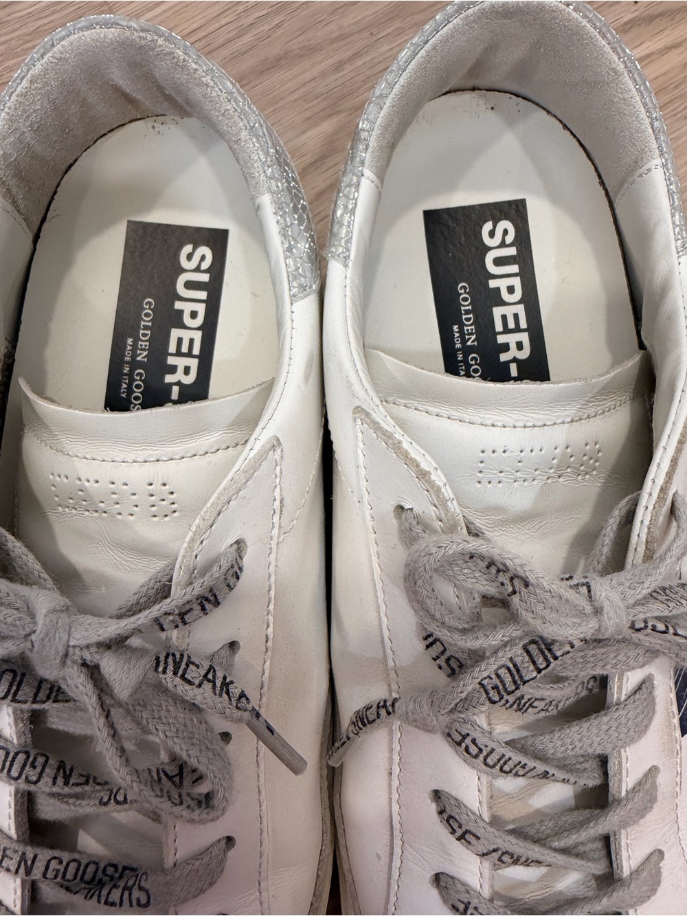 Golden Goose White Leather Sneakers with Blue Star and Silver Heel - Picture 6 of 8